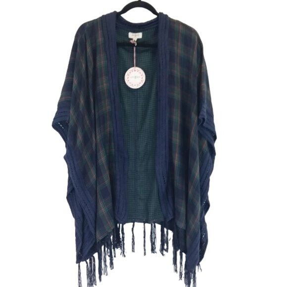 Boutique Umgee Womens Green Plaid Fringe Tie Front Kimono Cardigan (S/M) (M/L) - Picture 2 of 8